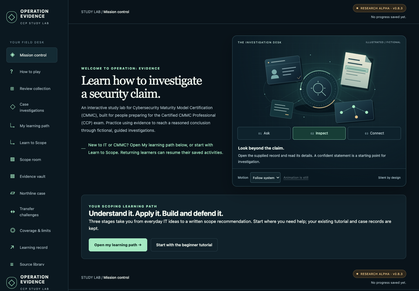 The CCP Study Lab home screen, labelled Research Alpha v0.8.3: “Learn how to investigate a security claim”, with the Ask, Inspect and Connect steps of its investigation desk.
