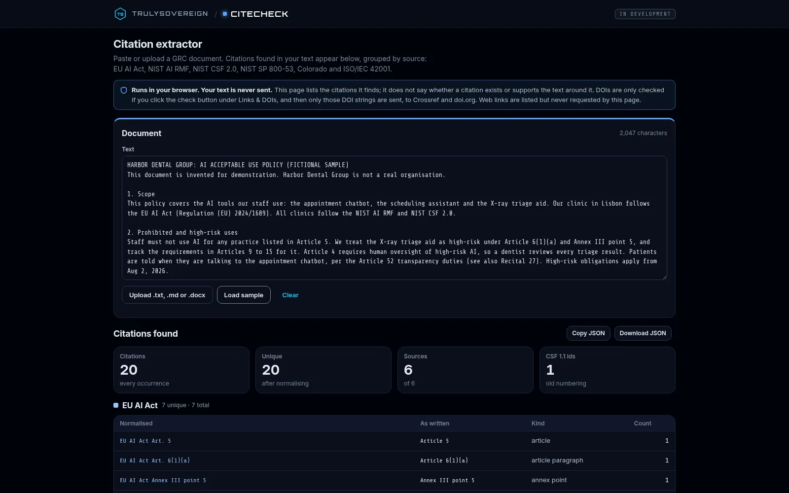 CITECHECK’s public citation checking interface, captured 9 October 2026.