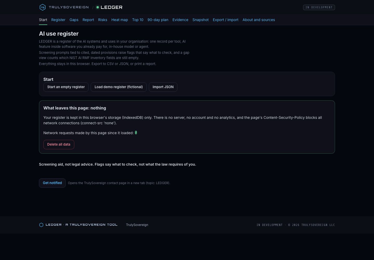 LEDGER’s public start screen, captured without starting a register or loading fictional data, 14 October 2026.