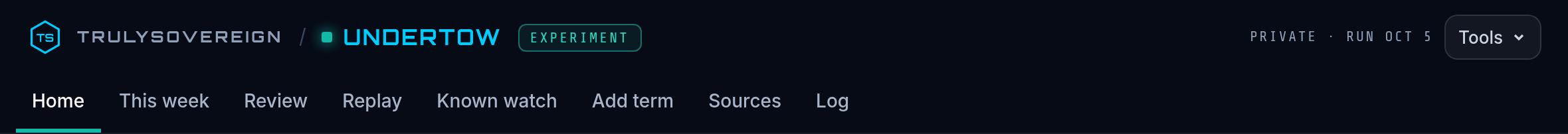 Undertow's private app header from the October 5, 2026 run, with its section tabs.